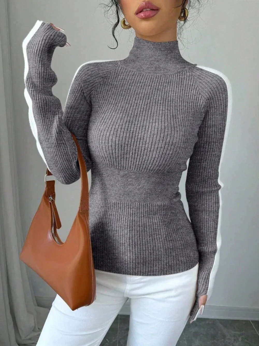 Grey Cozy Women's Stand Collar Contrast Raglan Sleeve Fitted Minimalist Sweater